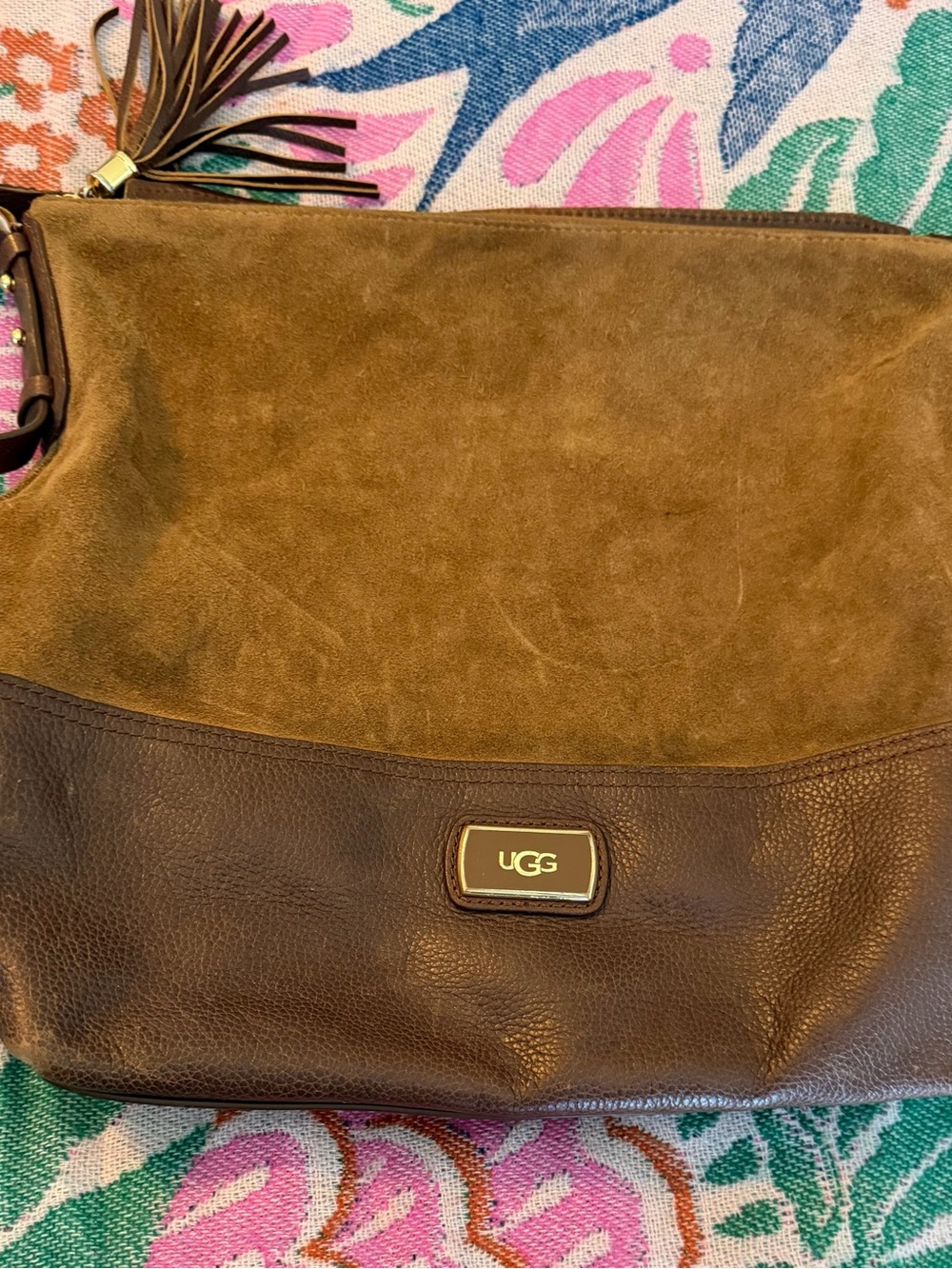UGG Suede & Leather Hobo Bag Two-Tone Brown